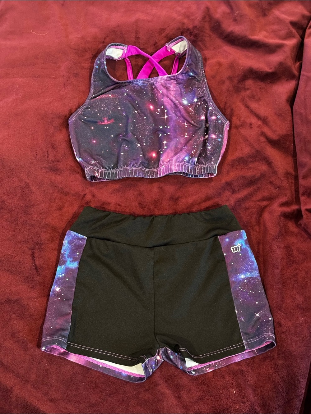 7/8 Girls Galaxy Print Athletic Shorts & Bra - Purple/Black
